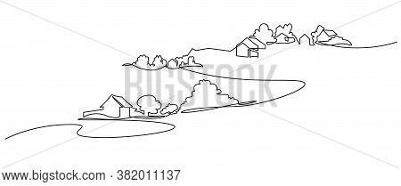 Rural Landscape Continuous One Line Vector Drawing. Lake House In The Woods Hand Drawn Silhouette. C