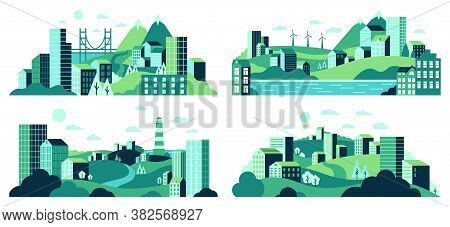 Village Landscape. Minimalist Town Views, City House District, Daytime Landscape With Buildings, Tre