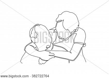 Elderly Couple In Continuous Line Art Drawing Style. Romantic Elderly Couple. Old Grandfather And Gr