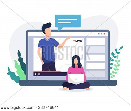 Online Course Tutorial Illustration. Online Courses Concept With Man On Laptop. Man Teacher On Lapto