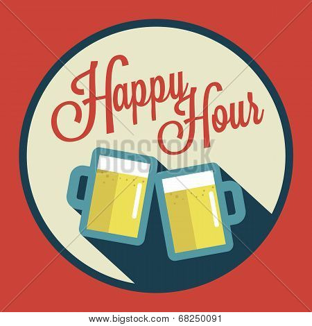 happy hour illustration with beer over vintage background