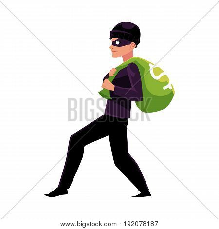 Thief, robber, burglar trying to escape with a money bag, cartoon vector illustration isolated on white background. Full length portrait of burglar, thief, robber in black disguise stealing money bag