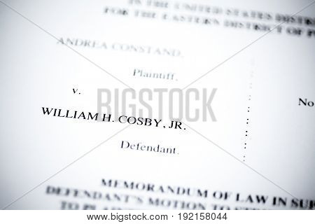 United States - June, 2017: Illustrative editorial image of court case document for defendant Bill Cosby v. plaintiff Andrea Constand for trial held at Montgomery County Courthouse in Pennsylvania.