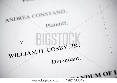 United States - June, 2017: Illustrative editorial image of court case document for defendant Bill Cosby v. plaintiff Andrea Constand for trial held at Montgomery County Courthouse in Pennsylvania.