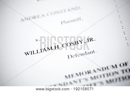 United States - June, 2017: Illustrative editorial image of court case document for defendant Bill Cosby v. plaintiff Andrea Constand for trial held at Montgomery County Courthouse in Pennsylvania.