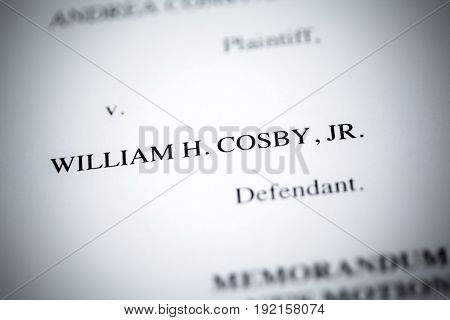 United States - June, 2017: Illustrative editorial image of court case document for defendant Bill Cosby v. plaintiff Andrea Constand for trial held at Montgomery County Courthouse in Pennsylvania.