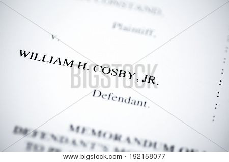 United States - June, 2017: Illustrative editorial image of court case document for defendant Bill Cosby v. plaintiff Andrea Constand for trial held at Montgomery County Courthouse in Pennsylvania.