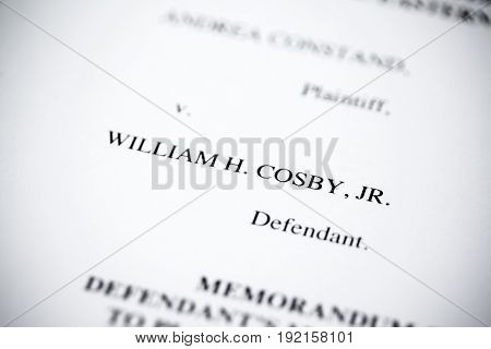 United States - June, 2017: Illustrative editorial image of court case document for defendant Bill Cosby v. plaintiff Andrea Constand for trial held at Montgomery County Courthouse in Pennsylvania.