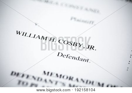 United States - June, 2017: Illustrative editorial image of court case document for defendant Bill Cosby v. plaintiff Andrea Constand for trial held at Montgomery County Courthouse in Pennsylvania.