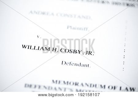 United States - June, 2017: Illustrative editorial image of court case document for defendant Bill Cosby v. plaintiff Andrea Constand for trial held at Montgomery County Courthouse in Pennsylvania.