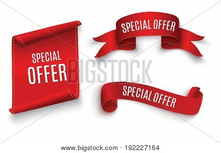 Special offer vector ribbon.Red scroll. Banner sale tag. Market special offer discount.