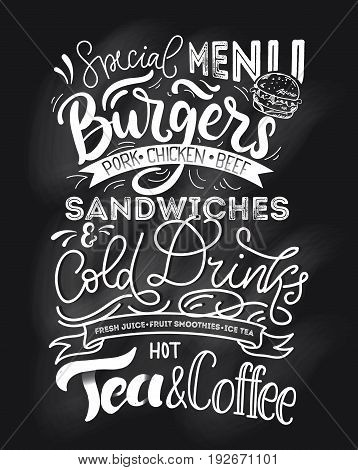 Chalkboard menu for fast food. Hand drawn chalk menu with grunge elements. Retro fast food menu with modern lettering.