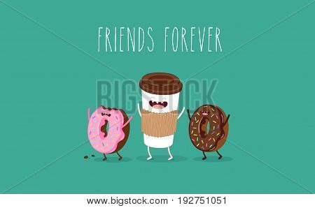 Cartoon comic coffee cup and donut. Take coffee and donut with you. Vector cartoon illustration. Coffee to go.