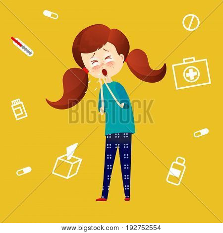 Sick child with fever and illness . Kid catch cold. Young girl got flu and coughing. Sickness symthtomps vector illustration in cartoon style