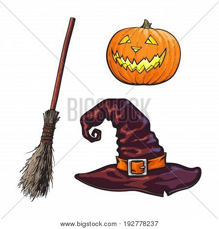 Hand drawn Halloween symbols - pumpking lantern, pointed hat and witch broom, sketch vector illustration isolated on white background. Sketch style Halloween pumpkin jack o lantern, hat, broomstick