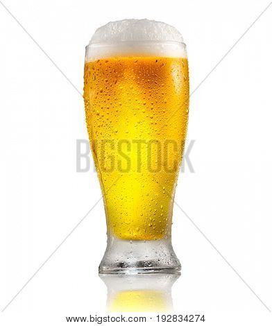 Beer. Cold Craft light and dark Beer in a glass with water drops. Craft Beer close up isolated on white background