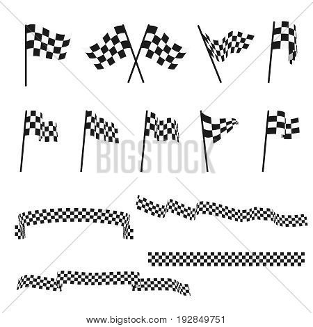 Black and white checkered auto racing flags and finishing tape vector set. Sport flag for competition race, winner check flag illustration