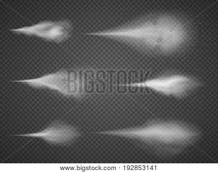 Airy water spray mist vector set. Sprayer fog isolated on black transparent background. Airy spray and water hazy mist clean illustration