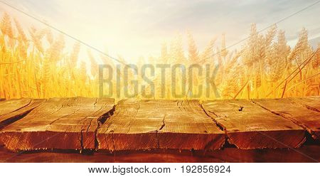 Wheat field with wood planks. Empty tabletop. Table with wheat.Beautiful Nature Sunset Landscape. Rural Scenery with golden wheat. Agriculture background with Harvest