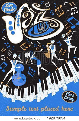 Retro styled Jazz Club Poster featuring an Abstract style illustration of a vibrant Jazz band and super cool lead singer who is striking a stylish pose and playing a musical performance live on stage.