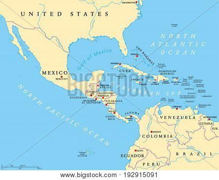 Middle America political map with capitals and borders. Mid-latitudes of the Americas region. Mexico, Central America, the Caribbean and northern South America. Illustration. English labeling. Vector.