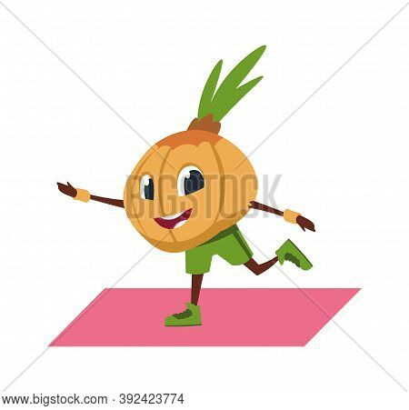 Cartoon Onion Character Doing Yoga. Vegetable Mascot, Sport Exercises On Gymnastic Mat. Pilates And 