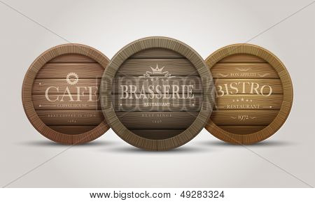 Houten vat borden voor café, restaurant, bistro, brasserie, bier, wijn of whisky. Vector illu