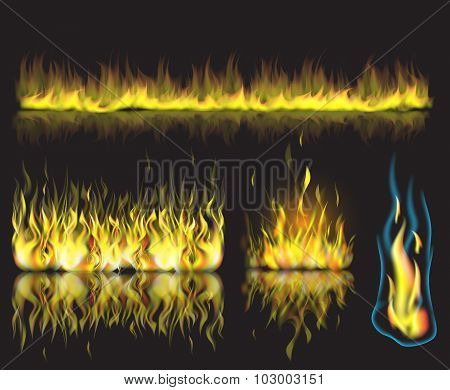 Vector illustration with set of burning fire flames on black background.