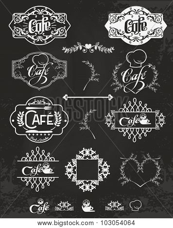 Vector set of cafe labels, design elements, emblems and badges. Logo illustration in vintage style.