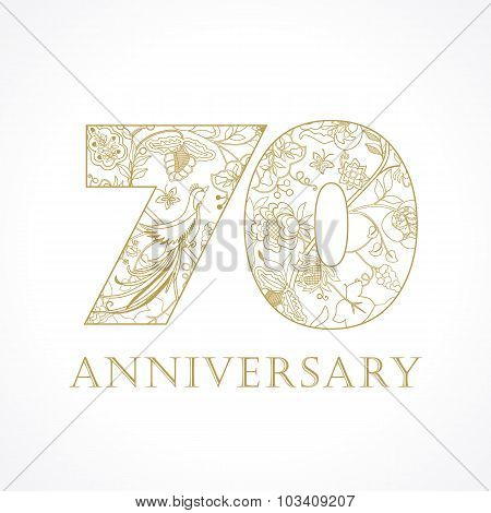 Creative logo concept of 70th anniversary in ethnic patterns and birds of paradise. Isolated abstract graphic design template. Top 70 sign. 70% percent off shopping sale.