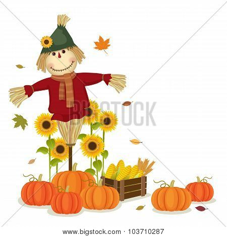 Autumn Harvesting With Cute Scarecrow And Pumpkins