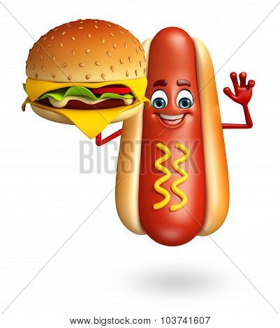 Cartoon Character Of Hot Dog With Burger