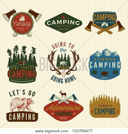 Vector Set Of Camping Vintage Badges, Emblems, Silhouettes And Design Elements