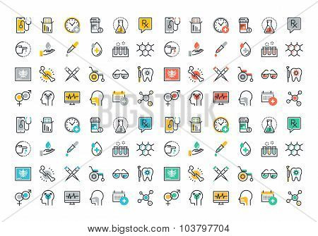 Flat line colorful icons collection of medicine theme