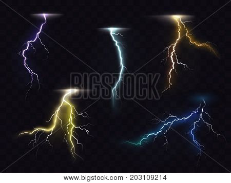 Colored lightning bolt vector set on transparent background. Electric discharges, thunderbolt glowing realistic light effects. Stormy weather, powerful energy release, high voltage strike illustration