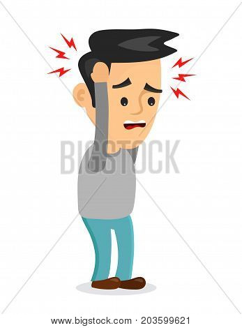 Vector flat illustration icon man with a headache, compassion fatigue, disease of the head, young man  holding his head. migraine, health problems and pain head, stress work, tired, suffer, emotion