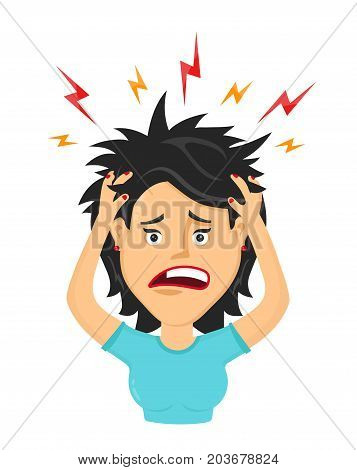 Vector flat woman with a headache, compassion fatigue, disease of the head, an office worker woman holding his head. migraine, health problems and pain head, stress work, tired, suffer, emotion