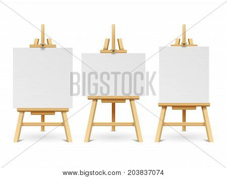 Wood easels or painting art boards with white canvas of different sizes. Artwork blank poster mockups. Wooden board with paper white canvas illustration