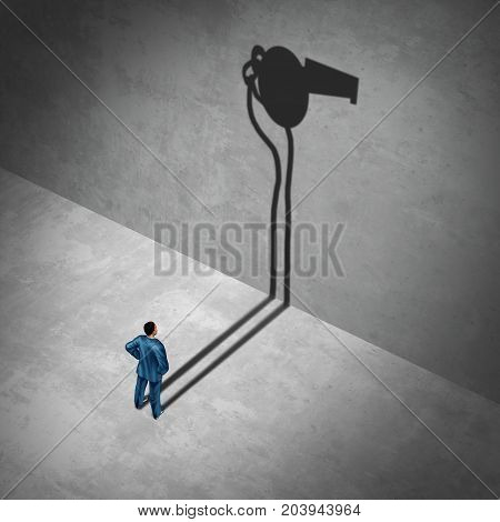 Whistleblower employee or whistle blower concept as a mole symbol of a secret informer agent posing as an informant worker with his cast shadow of a whistle as a metaphor for inside information on misconduct with 3D illustration elements