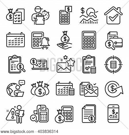 Accounting Line Icons. Set Of Calculator, Check Investment And Report Icons. Calendar, Banking Accou