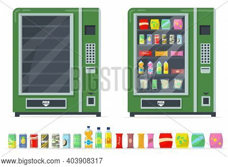 Vending Machines And Snacks Set. Chips, Bars, Canned Drinks And Automate With Empty Shelves. Vector 