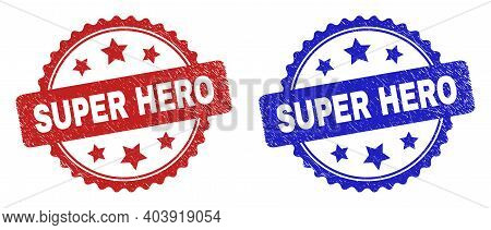 Rosette Super Hero Watermarks. Flat Vector Scratched Watermarks With Super Hero Phrase Inside Rosett