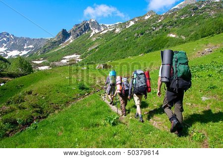 Hiker in Caucasus mountains