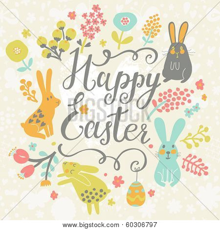 Bright happy easter card in vector. Funny rabbits, chicken, eggs in cute cartoon style. Stylish holiday background