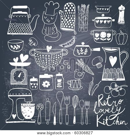 Vintage kitchen set in vector on chalkboard background. Stylish design elements: pepper-box, fork, spoon, bowl, pan, mixer, scales, colander, knife and others