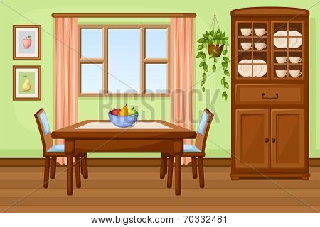 Dining room interior with table and cupboard. Vector illustration.