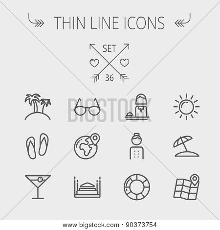 Travel thin line icon set for web and mobile. Set includes- beach umbrella, slippers, map, sun, sunglasses, palm tree icons. Modern minimalistic flat design. Vector dark grey icon on light grey