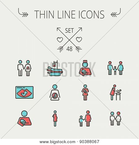 Medicine thin line icon set for web and mobile. Set include- sick person, pregnant, wife and husband, ultrasound, baby, nurse, family, siblingsicons. Modern minimalistic flat design. Vector icon with