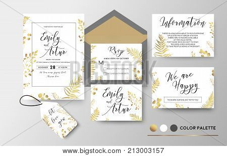 Wedding invite invitation thank you rsvp label card vector floral design; golden foil print pattern of forest leaves palm fern fronds eucalyptus branch berry herbal mix. Luxury elegant big set