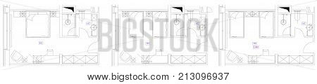 Standard furniture symbols used in architecture plans icons set, office planning icon set, graphic design elements. Small hotel room - top view plans. Vector isolated.